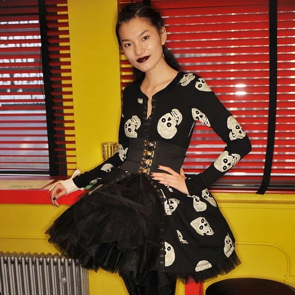 ☠️VERY RARE☠️- Betsey Johnson Halloween Skull Skeleton 💀Thermal Babydoll Dress